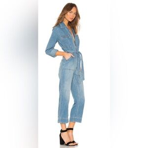 Free People Denim “Charlie” zip up Belted Coveralls Jumpsuit cropped women’s 6